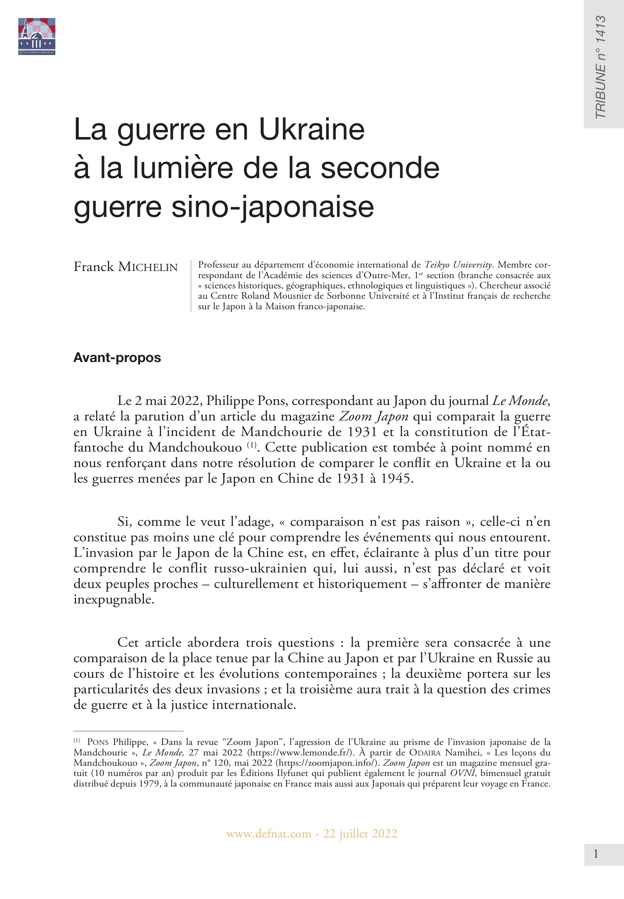 La guerre en Ukraine à la lumière de la seconde guerre sino-japonaise (T 1413)
